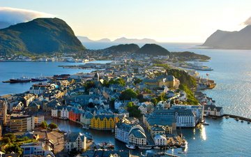 горы, пейзаж, город, дома, архитектура, норвегия