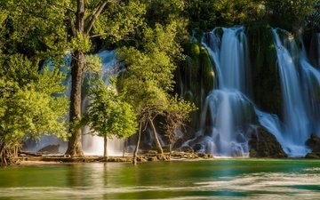 деревья, река, водопад, босния и герцеговина, kravice falls, trebizat river