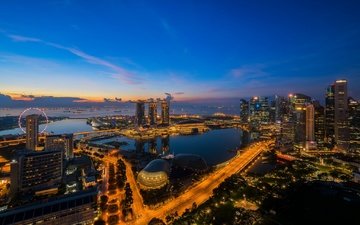 ночь, огни, панорама, небоскребы, сингапур