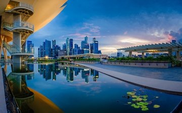 небо, облака, отражение, сингапур, marina bay sands, arts and science museum