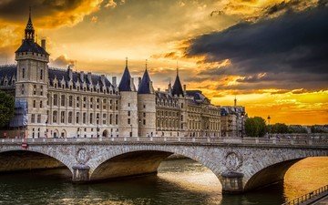 закат, мост, замок, париж, франция, la conciergerie, palais de justice, консьержери, дворец правосудия