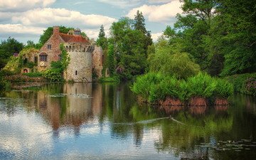 деревья, озеро, замок, великобритания, кент, лэмберхерст, старый замок