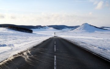дорога, горы, снег, зима, горизонт
