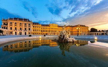 фонари, вечер, австрия, фонтан, вена, schonbrunn palace vienna