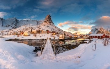 горы, снег, зима, норвегия, поселение