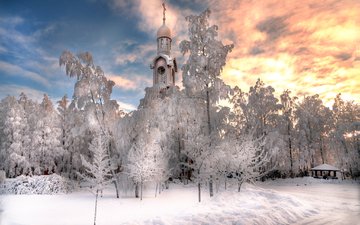 небо, деревья, снег, храм, зима, россия, санкт-петербург