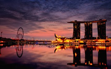 ночь, вечер, город, отель, сингапур