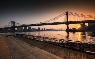 река, восход, солнце, мост, нью-йорк, бруклин, ист-ривер, манхэттенский мост