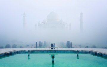 туман, люди, город, пара, индия, тадж-махал