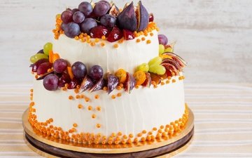 виноград, фрукты, сладкое, украшение, торт, десерт, инжир, крем