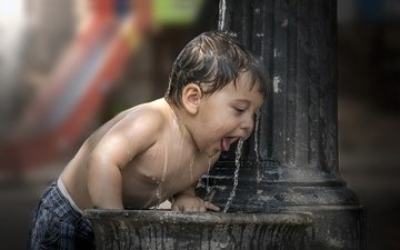 вода, капли, брызги, дети, фонтан, ребенок, мальчик