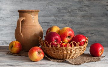 фрукты, яблоки, корзина, кувшин, натюрморт, мешковина