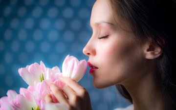 цветы, девушка, профиль, лицо, тюльпаны, губки