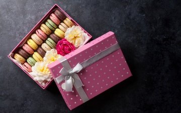 цветы, коробка, печенье, декор, макаруны