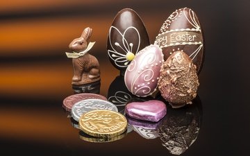 отражение, конфеты, пасха, шоколад, монеты, заяц, яйцо