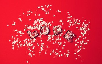 любовь, сердечки, красный фон, день святого валентина, конфетти