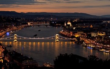 ночь, огни, горы, вид, мост, город, сверху, венгрия, будапешт, цепной мост