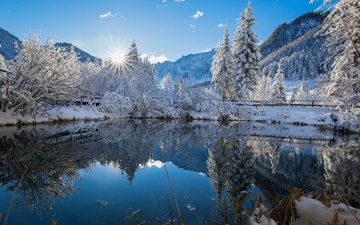 небо, свет, деревья, озеро, горы, солнце, снег, природа, зима, горы.отражение