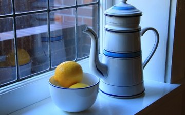 окно, чайник, натюрморт, лимоны, цитрусы, пиала