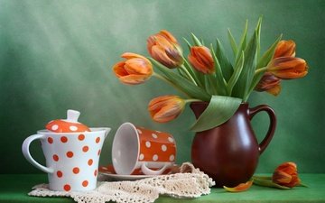 цветы, кружка, тюльпаны, чашка, ваза, салфетка, чайник, кувшин, натюрморт