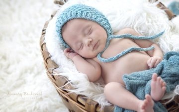 сон, корзина, ребенок, одеяло, малыш, младенец, шапочка, мех