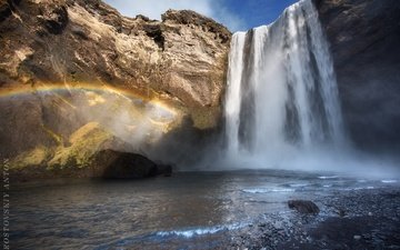 скалы, водопад, радуга, склоны, исландия, скогафосс, антон ростовский, водопад скоугафосс