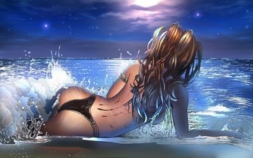 девушка, море, пляж, аниме