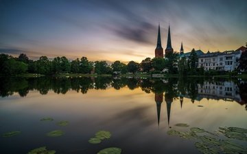 отражение, собор, церковь, пруд, германия, любек, lübecker dom