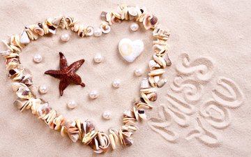берег, песок, сердце, ракушки, любовь, ракушка, жемчуг, морские звезды, в форме сердца
