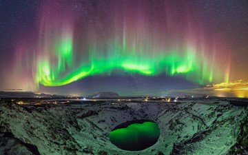 свет, ночь, огни, озеро, звезды, сияние, северное сияние, кратер, исландия, вулкана, кратерное озеро, керид