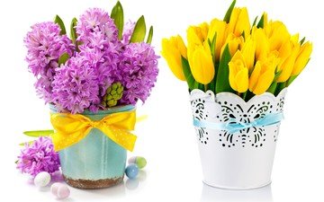цветы, букет, тюльпаны, ваза, пасха, яйца, гиацинты, композиция