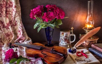 цветы, стиль, розы, ноты, скрипка, очки, лампа, книги, часы, кружка, букет, перо