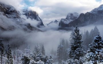 горы, зима, туман