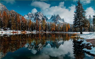озеро, горы, снег, природа, лес, зима, отражение, пейзаж, осень