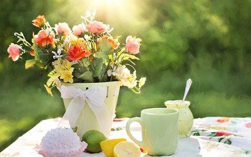 цветы, утро, лимон, букет, чай, пирожное