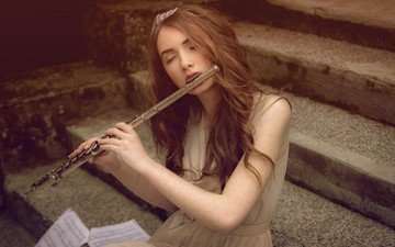 лестница, ступеньки, девушка, лицо, длинные волосы, флейта, музыкальный инструмент, закрытые глаза