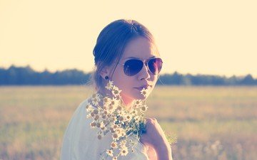 цветы, девушка, портрет, ромашки, лицо, солнцезащитные очки