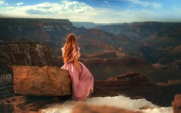 небо, девушка, утро, каньон, модель, камень, рыжеволосая, розовое платье, tj drysdale, большой каньон