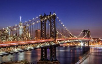 свет, ночь, огни, мост, город, сша, нью йорк, манхэттенский мост