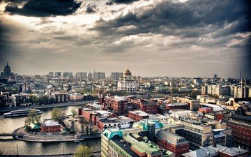 река, москва, панорама, вид сверху, город, россия, здания