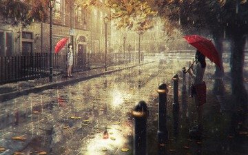 anime, regen, sonnenschirm, regenschirm, stadtansicht, anime mädchen