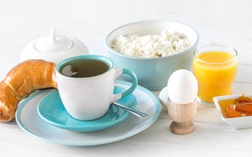 кофе, чашка, завтрак, яйцо, сок, творог, булочка