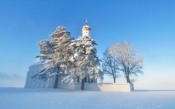 небо, деревья, снег, храм, зима, туман, церковь