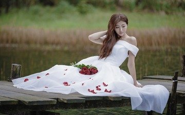 река, мостик, розы, азиатка, белое платье, длинные волосы
