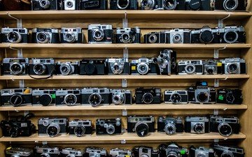 фотоаппарат, много, коллекция, полки, фотоаппараты