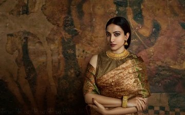 девушка, поза, модель, индийская, сари, ювелирные украшения, традиционная одежда, индийская девушка