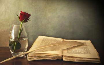 роза, красная, стол, ваза, книга, перо, старая