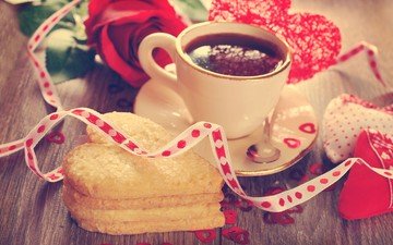 кофе, ленточка, сердечки, печенье, день святого валентина