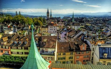 панорама, город, швейцария, здания, цюрих
