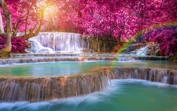 деревья, вода, река, водопад, радуга, каскад, лаос, kuang si falls